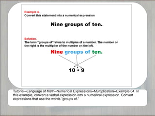 Tutorial--Language of Math--Numerical Expressions--Multiplication--Example 04. In
this example, convert a verbal expression into a numerical expression. Convert
expressions that use the words ”groups of.”
 