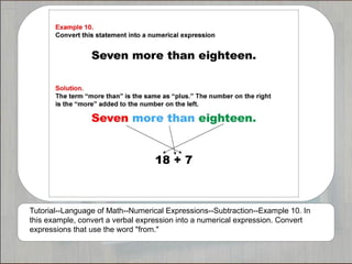 Tutorial--Language of Math--Numerical Expressions--Subtraction--Example 10. In
this example, convert a verbal expression into a numerical expression. Convert
expressions that use the word "from."
 