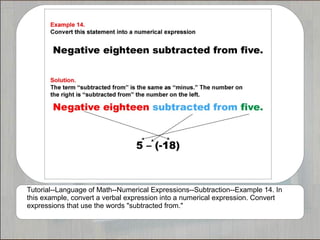 Tutorial--Language of Math--Numerical Expressions--Subtraction--Example 14. In
this example, convert a verbal expression into a numerical expression. Convert
expressions that use the words "subtracted from."
 