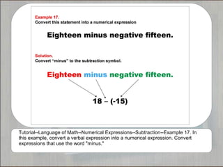 Tutorial--Language of Math--Numerical Expressions--Subtraction--Example 17. In
this example, convert a verbal expression into a numerical expression. Convert
expressions that use the word "minus."
 