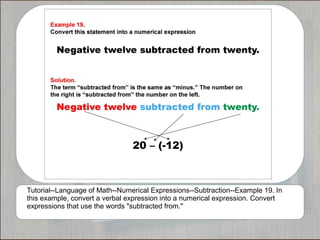 Tutorial--Language of Math--Numerical Expressions--Subtraction--Example 19. In
this example, convert a verbal expression into a numerical expression. Convert
expressions that use the words "subtracted from."
 