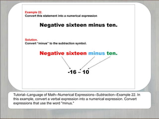 Tutorial--Language of Math--Numerical Expressions--Subtraction--Example 22. In
this example, convert a verbal expression into a numerical expression. Convert
expressions that use the word "minus."
 