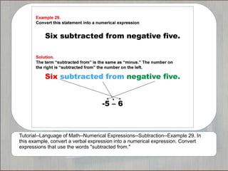 Tutorial--Language of Math--Numerical Expressions--Subtraction--Example 29. In
this example, convert a verbal expression into a numerical expression. Convert
expressions that use the words "subtracted from."
 