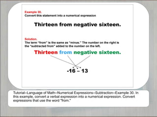 Tutorial--Language of Math--Numerical Expressions--Subtraction--Example 30. In
this example, convert a verbal expression into a numerical expression. Convert
expressions that use the word "from."
 
