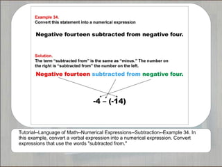 Tutorial--Language of Math--Numerical Expressions--Subtraction--Example 34. In
this example, convert a verbal expression into a numerical expression. Convert
expressions that use the words "subtracted from."
 