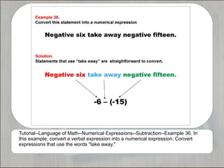 Tutorial--Language of Math--Numerical Expressions--Subtraction--Example 36. In
this example, convert a verbal expression into a numerical expression. Convert
expressions that use the words "take away."
 