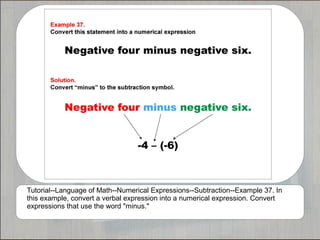 Tutorial--Language of Math--Numerical Expressions--Subtraction--Example 37. In
this example, convert a verbal expression into a numerical expression. Convert
expressions that use the word "minus."
 