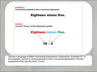 Tutorial--Language of Math--Numerical Expressions--Subtraction--Example 07. In
this example, convert a verbal expression into a numerical expression. Convert
expressions that use the word "minus."
 