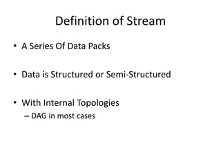 Definition of Stream
• A Series Of Data Packs
• Data is Structured or Semi-Structured
• With Internal Topologies
– DAG in most cases
 