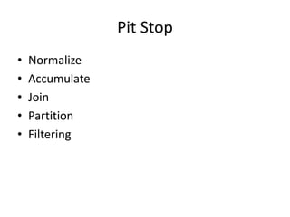 Pit Stop
• Normalize
• Accumulate
• Join
• Partition
• Filtering
 