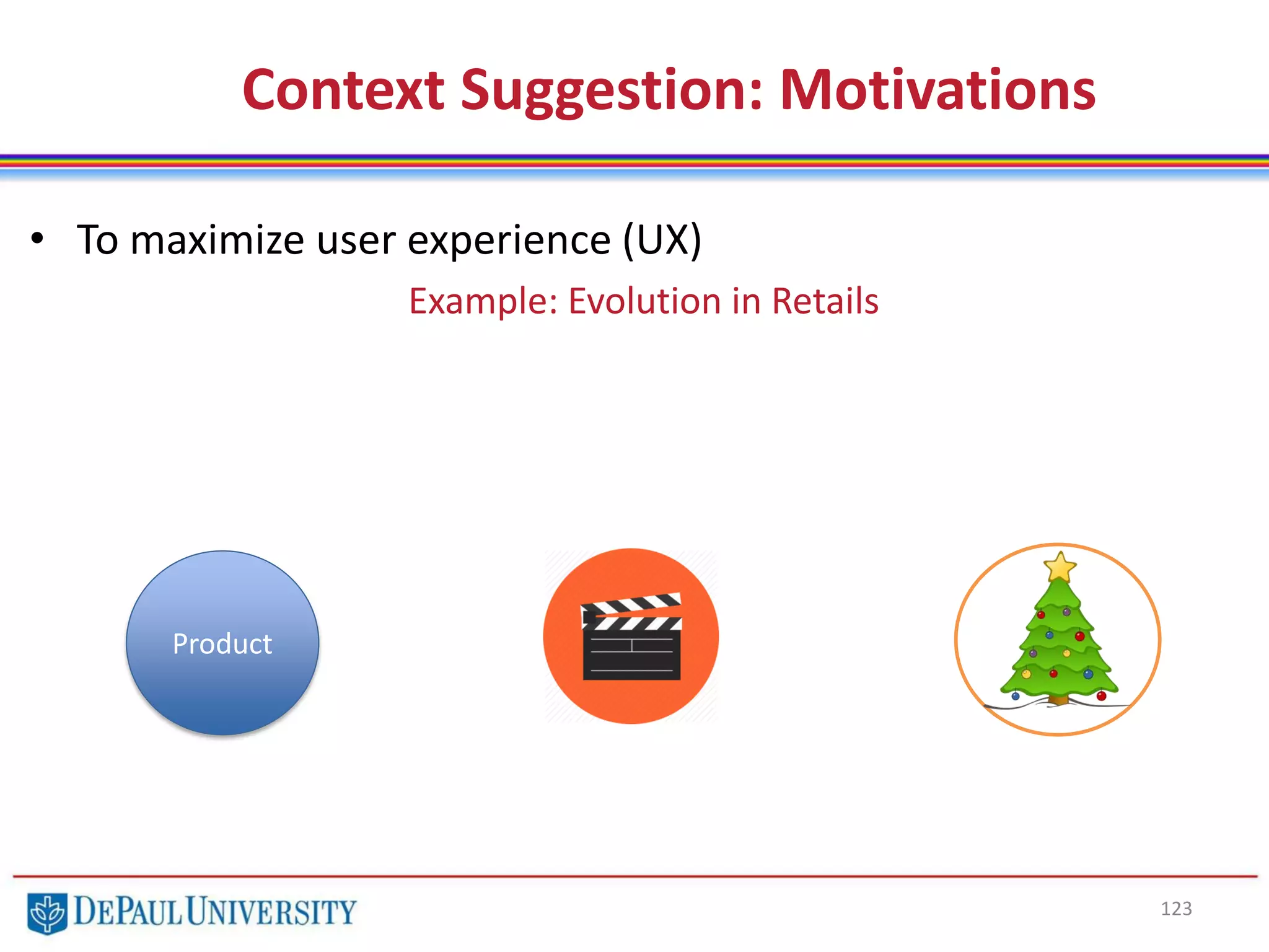 123
• To maximize user experience (UX)
Example: Evolution in Retails
Product
Context Suggestion: Motivations
 