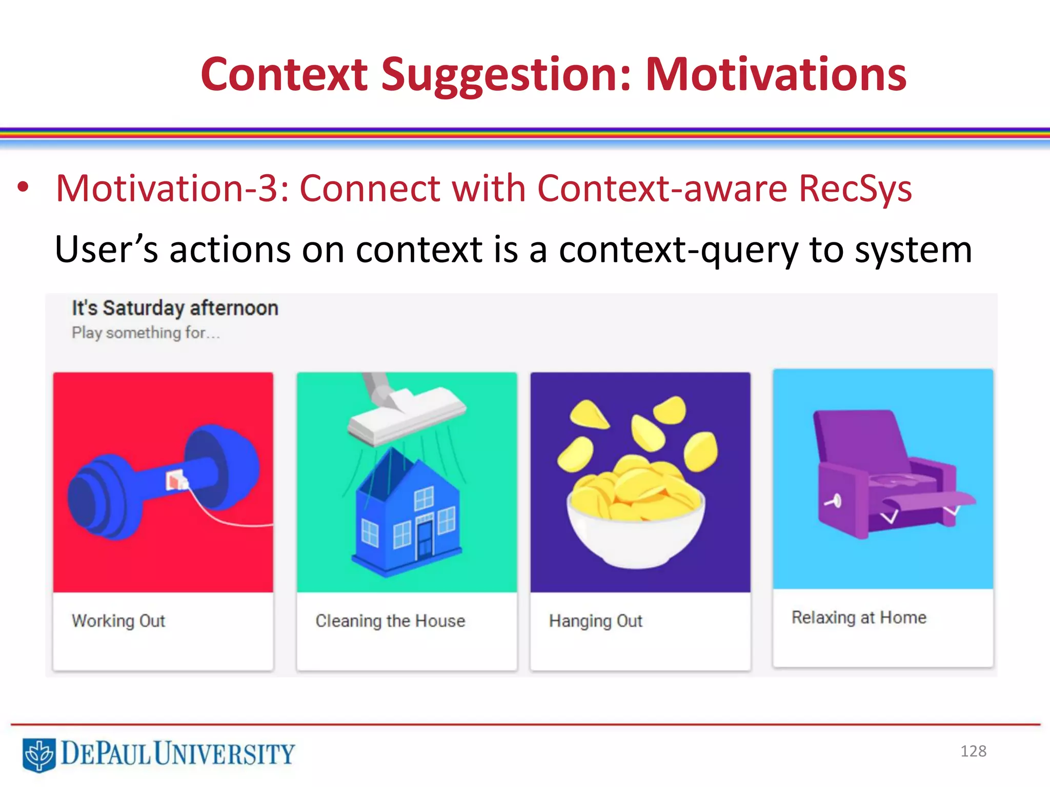 128
Context Suggestion: Motivations
• Motivation-3: Connect with Context-aware RecSys
User’s actions on context is a context-query to system
 