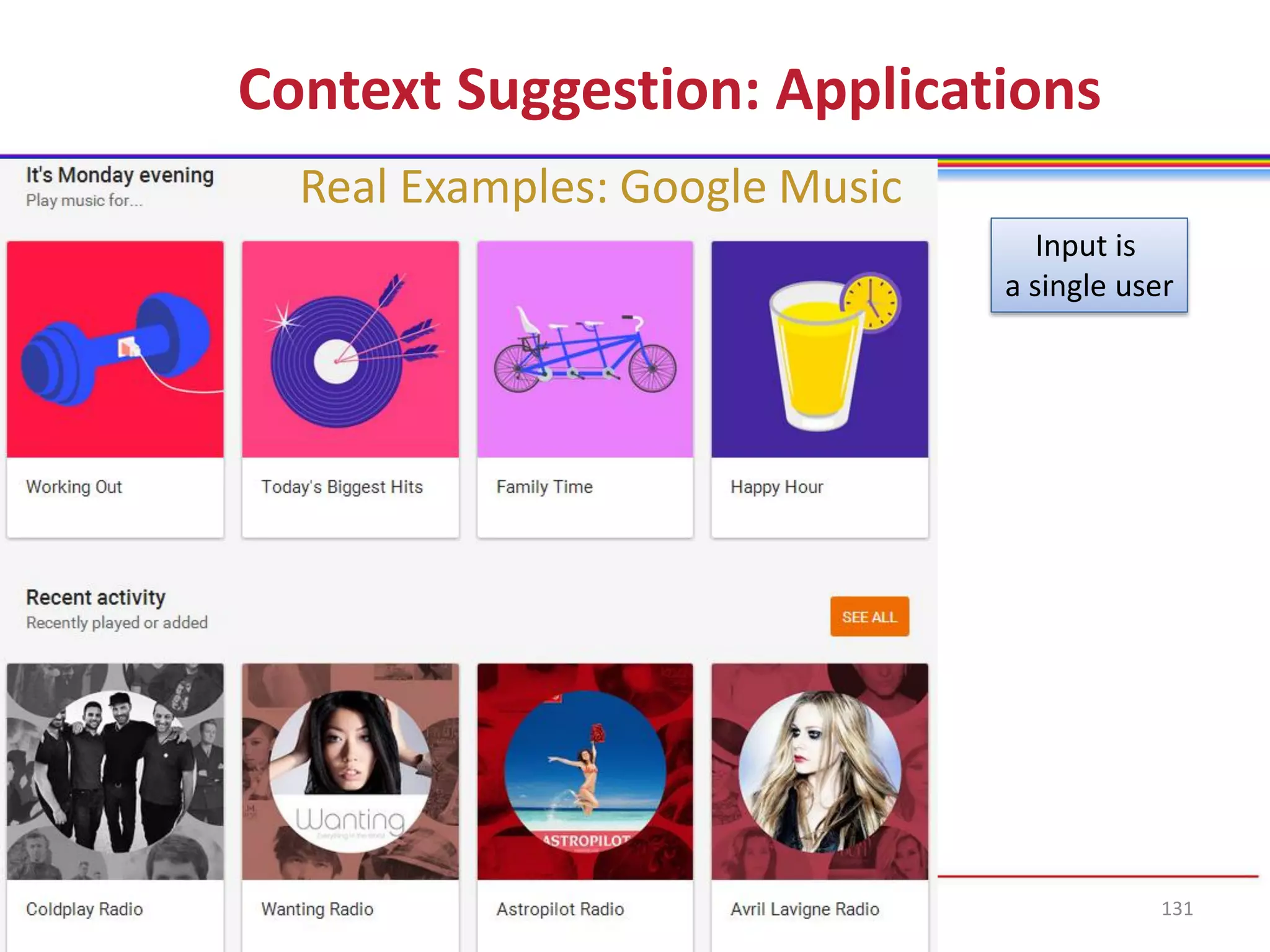 131
Context Suggestion: Applications
Real Examples: Google Music
Input is
a single user
 