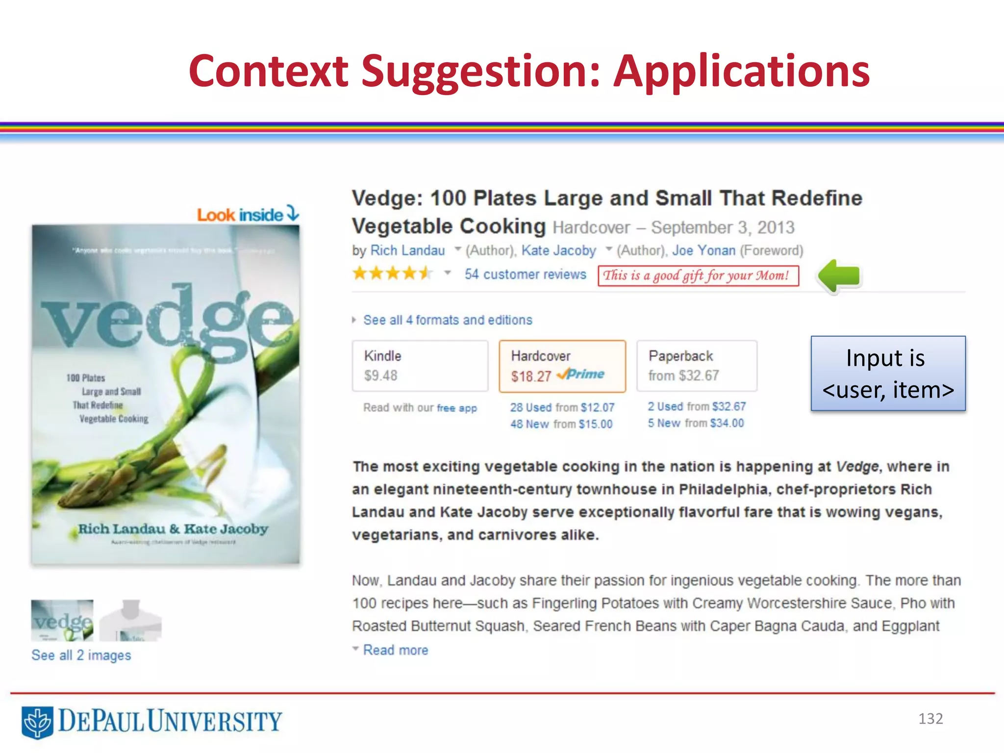 132
Context Suggestion: Applications
Input is
<user, item>
 