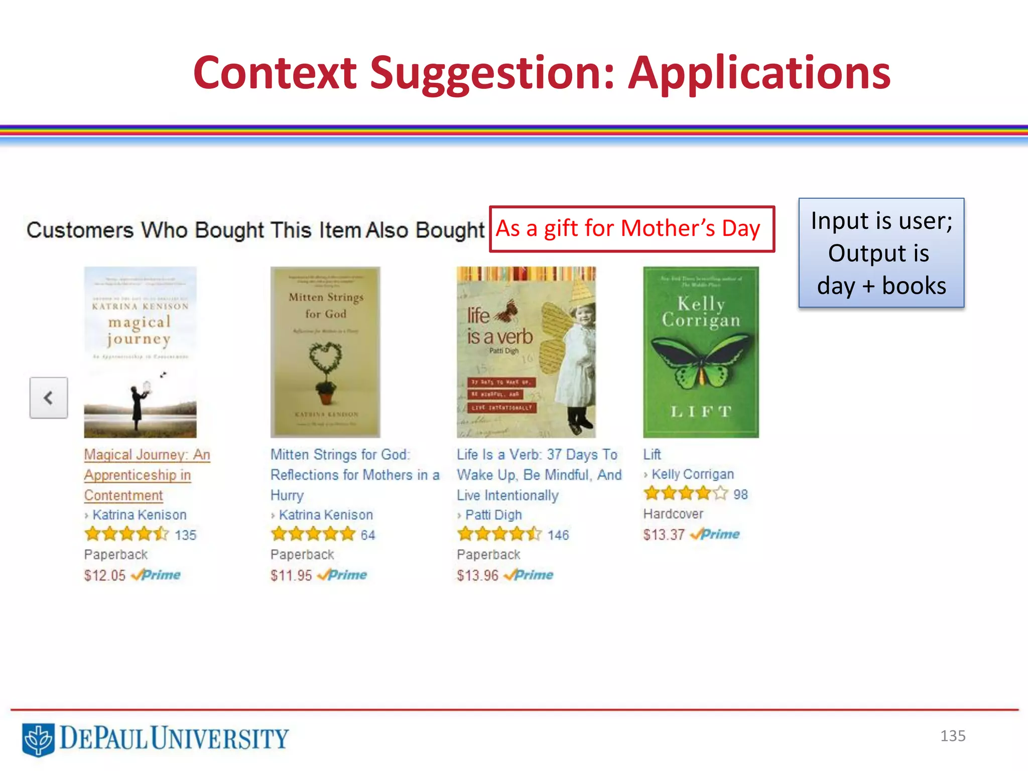 135
Context Suggestion: Applications
Input is user;
Output is
day + books
As a gift for Mother’s Day
 