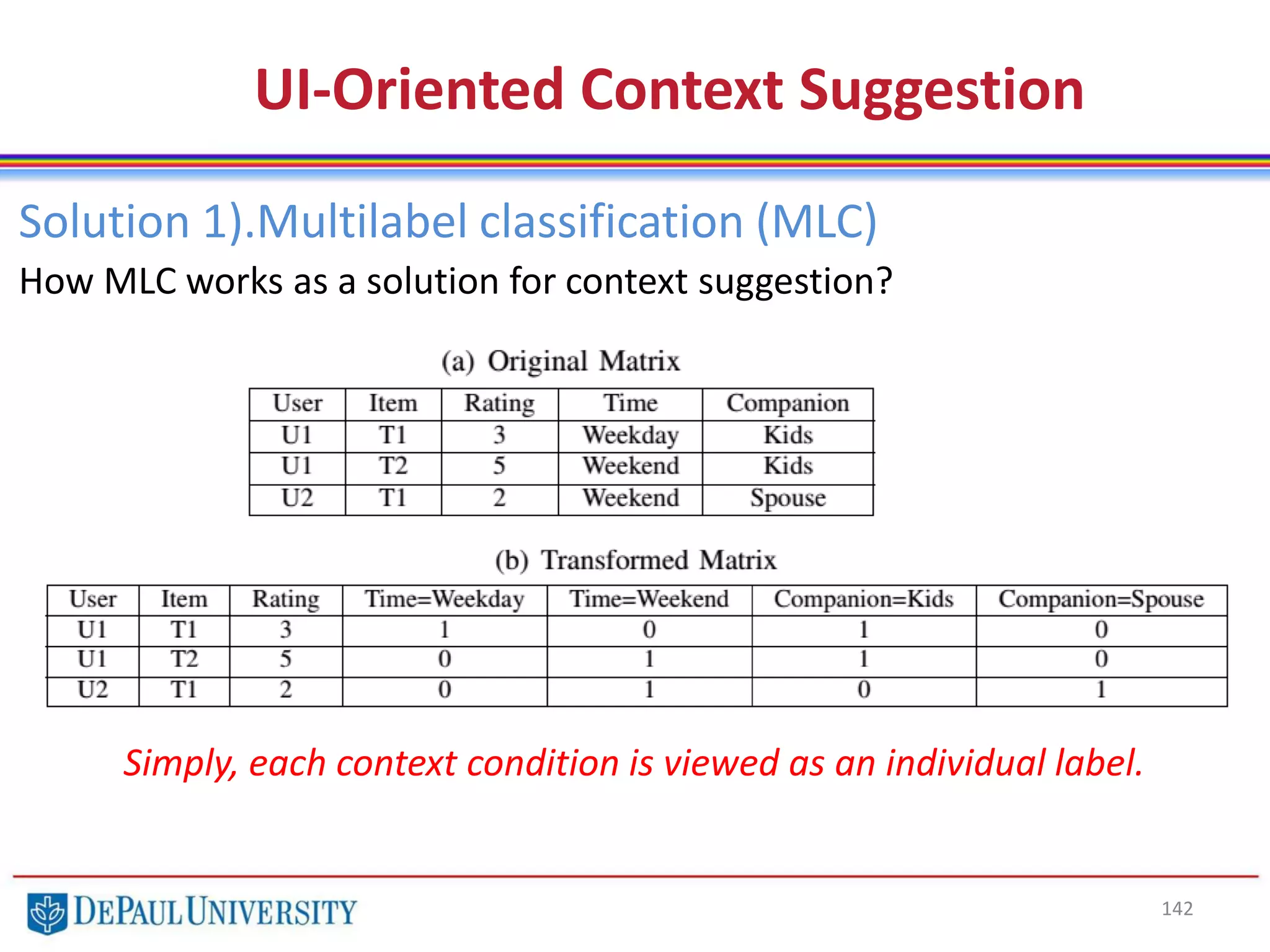 142
UI-Oriented Context Suggestion
Solution 1).Multilabel classification (MLC)
How MLC works as a solution for context suggestion?
Simply, each context condition is viewed as an individual label.
 