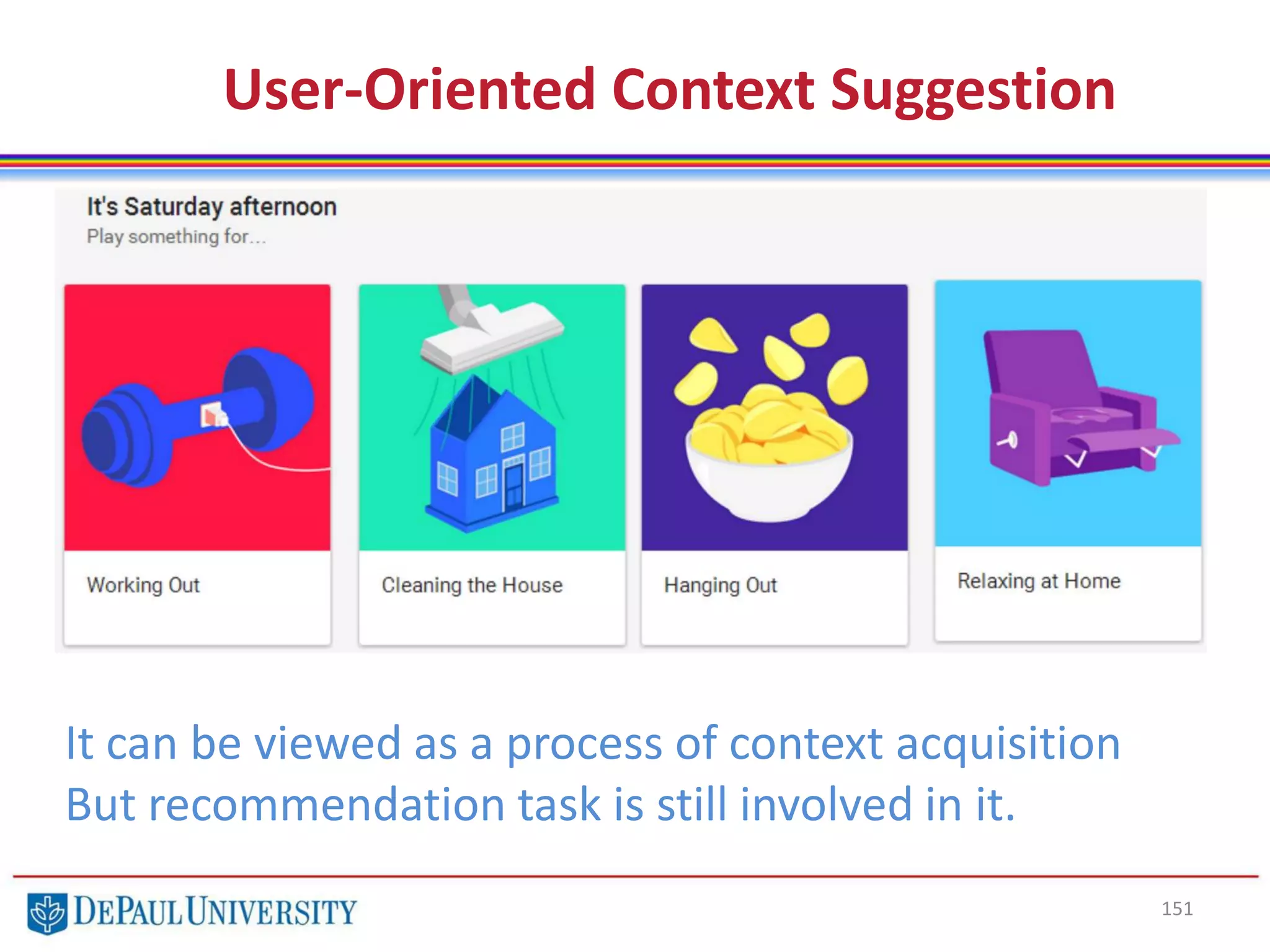 151
User-Oriented Context Suggestion
It can be viewed as a process of context acquisition
But recommendation task is still involved in it.
 