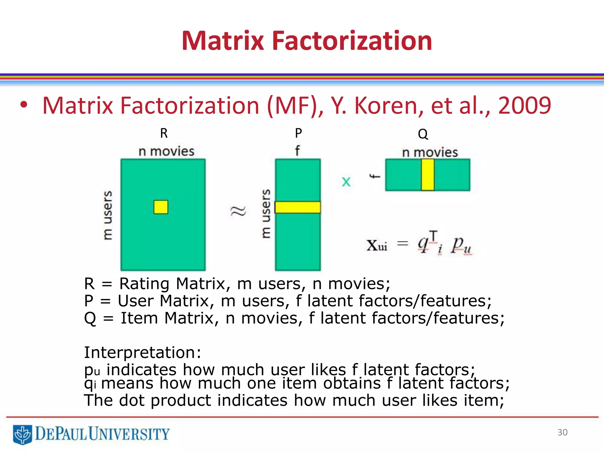 Matrix Factorization
• Matrix Factorization (MF), Y. Koren, et al., 2009
30
R P Q
R = Rating Matrix, m users, n movies;
P = User Matrix, m users, f latent factors/features;
Q = Item Matrix, n movies, f latent factors/features;
Interpretation:
pu indicates how much user likes f latent factors;
qi means how much one item obtains f latent factors;
The dot product indicates how much user likes item;
 