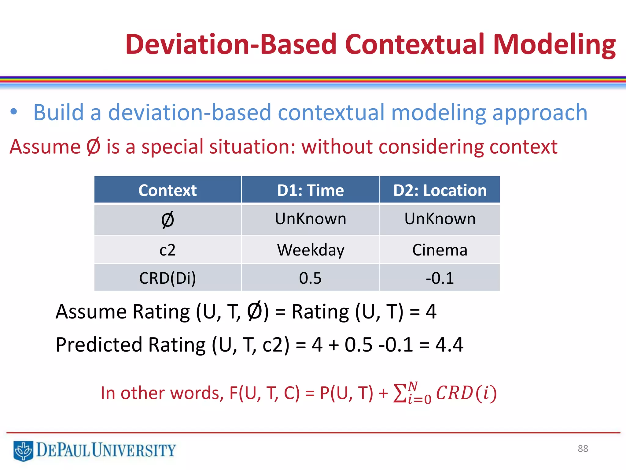 88
• Build a deviation-based contextual modeling approach
Assume Ø is a special situation: without considering context
Assume Rating (U, T, Ø) = Rating (U, T) = 4
Predicted Rating (U, T, c2) = 4 + 0.5 -0.1 = 4.4
Deviation-Based Contextual Modeling
Context D1: Time D2: Location
Ø UnKnown UnKnown
c2 Weekday Cinema
CRD(Di) 0.5 -0.1
In other words, F(U, T, C) = P(U, T) + 𝑖=0
𝑁
𝐶𝑅𝐷(𝑖)
 