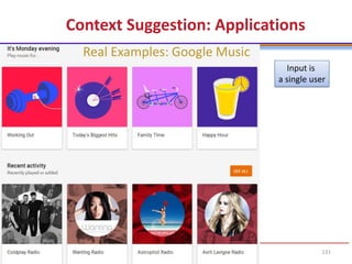 131
Context Suggestion: Applications
Real Examples: Google Music
Input is
a single user
 