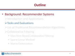 Outline
• Background: Recommender Systems
Introduction and Applications
Tasks and Evaluations
List of Traditional Recommendation Algorithms
Collaborative Filtering
 User/Item Based Collaborative Filtering
 Sparse Linear Method
 Matrix Factorization
14
 