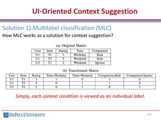 142
UI-Oriented Context Suggestion
Solution 1).Multilabel classification (MLC)
How MLC works as a solution for context suggestion?
Simply, each context condition is viewed as an individual label.
 
