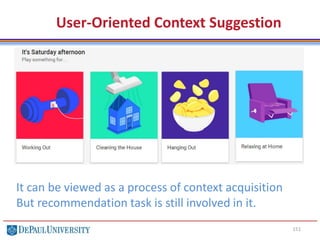 151
User-Oriented Context Suggestion
It can be viewed as a process of context acquisition
But recommendation task is still involved in it.
 