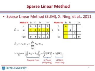Sparse Linear Method
• Sparse Linear Method (SLIM), X. Ning, et al., 2011
28
Squared Error L2 Norm
(Ridge Reg)
L1 Norm
(Lasso Reg)
 