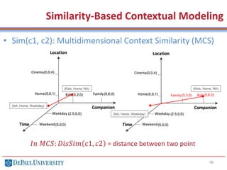 98
• Sim(c1, c2): Multidimensional Context Similarity (MCS)
Similarity-Based Contextual Modeling
𝐼𝑛 𝑀𝐶𝑆: 𝐷𝑖𝑠𝑆𝑖𝑚 c1, 𝑐2 = distance between two point
 