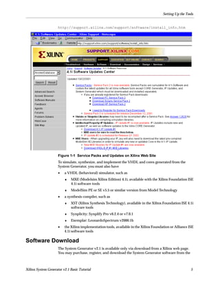 Setting Up the Tools


                     http://support.xilinx.com/support/software/install_info.htm




                     Figure 1-1 Service Packs and Updates on Xilinx Web Site
                     To simulate, synthesize, and implement the VHDL and cores generated from the
                     System Generator, you must also have
                     •   a VHDL (behavioral) simulator, such as
                         ♦   MXE (Modelsim Xilinx Edition) 4.1i, available with the Xilinx Foundation ISE
                             4.1i software tools
                         ♦   ModelSim PE or SE v5.5 or similar version from Model Technology
                     •   a synthesis compiler, such as
                         ♦   XST (Xilinx Synthesis Technology), available in the Xilinx Foundation ISE 4.1i
                             software tools
                         ♦   Synplicity: Synplify Pro v6.2.4 or v7.0.1
                         ♦   Exemplar: LeonardoSpectrum v2000.1b
                     •   the Xilinx implementation tools, available in the Xilinx Foundation or Alliance ISE
                         4.1i software tools

Software Download
                     The System Generator v2.1 is available only via download from a Xilinx web page.
                     You may purchase, register, and download the System Generator software from the



Xilinx System Generator v2.1 Basic Tutorial                                                               5
 