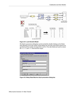 Combination Lock State Machine




                     Figure 9-5 Lock Simulink Model
                     The block’s parameters dialog box can be invoked by double-clicking on the Mealy
                     State Machine icon in the model. In this dialog, the next state and output matrices are
                     speciﬁed and the number of output bits is set to 2. Two slice blocks are used to extract
                     the UNLOCK and HINT bits from the output.




                     Figure 9-6 Mealy State Machine block parameters dialog box




Xilinx System Generator v2.1 Basic Tutorial
 