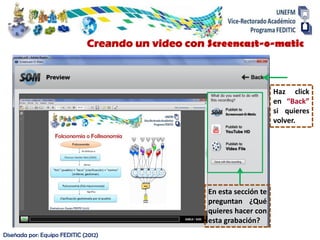 Diseñada por: Equipo FEDITIC (2012)
Creando un video con Screencast-o-matic
En esta sección te
preguntan ¿Qué
quieres hacer con
esta grabación?
Haz click
en “Back”
si quieres
volver.
 