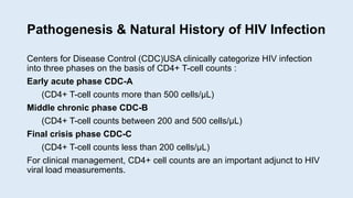 Pathogenesis & Natural History of HIV Infection
Centers for Disease Control (CDC)USA clinically categorize HIV infection
into three phases on the basis of CD4+ T-cell counts :
Early acute phase CDC-A
(CD4+ T-cell counts more than 500 cells/μL)
Middle chronic phase CDC-B
(CD4+ T-cell counts between 200 and 500 cells/μL)
Final crisis phase CDC-C
(CD4+ T-cell counts less than 200 cells/μL)
For clinical management, CD4+ cell counts are an important adjunct to HIV
viral load measurements.
 