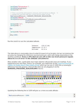 Run the sketch to see the calculated altitude.
The data above is reasonably close to what I'd expect at my location, but we can improve the
accuracy by changing the reference sea level pressure, which will change depending on the
weather conditions. Every 1 hPa that we are off on the sea level pressure equals
about 8.5 m of error in the altitude calculations!
Many weather sites, (particularly near major airports) will provide pressure readings. If you
happened to be near Paris, France, for example, you might look up the current air pressure at
Charles de Gaulle airport (http://adafru.it/cgl), which we can see is 1009 hPa (a meaningful
difference from the generoc 1013.25 hPa value we are plugging in via the
SENSORS_PRESSURE_SEALEVELHPA macro):
Updating the following line to 1009 will give us a more accurate altitude:
bmp.getTemperature(&temperature);
Serial.print("Temperature: ");
Serial.print(temperature);
Serial.println(" C");
/* Then convert the atmospheric pressure, SLP and temp to altitude */
/* Update this next line with the current SLP for better results */
float seaLevelPressure = SENSORS_PRESSURE_SEALEVELHPA;
Serial.print("Altitude: ");
Serial.print(bmp.pressureToAltitude(seaLevelPressure,
event.pressure,
temperature));
Serial.println(" m");
Serial.println("");
}
else
{
Serial.println("Sensor error");
}
delay(1000);
}
float seaLevelPressure = 1009;
© Adafruit Industries http://learn.adafruit.com/bmp085 Page 11 of 19
 