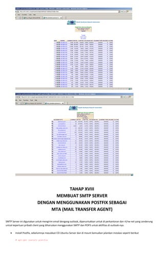  
 
 
 
 
 
TAHAP XVIII 
MEMBUAT SMTP SERVER 
DENGAN MENGGUNAKAN POSTFIX SEBAGAI 
MTA (MAIL TRANSFER AGENT) 
 
SMTP Server ini digunakan untuk mengirim email dengang outlook, diperuntukkan untuk di perkantoran dan rt/rw‐net yang cenderung 
untuk keperluan pribadi client yang diharuskan menggunakan SMTP dan POP3 untuk aktifitas di outlook‐nya.  
 
• Install Postfix, sebelumnya masukkan CD Ubuntu‐Server dan di mount kemudian jalankan instalasi seperti berikut 
 
# apt-get install postfix 
 
 
 
 
 
 