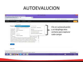 AUTOEVALUCION
Clic en autoevaluación
y se despliega otra
ventana para capturar
cada campo
 