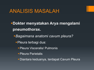 ANALISIS MASALAH

Dokter menyatakan Arya mengalami
 pneumothorax.
 Bagaimana anatomi cavum pleura?
  Pleura terbagi dua:
    Pleura Visceralis/ Pulmonis
    Pleura Parietalis
    Diantara keduanya, terdapat Cavum Pleura
 