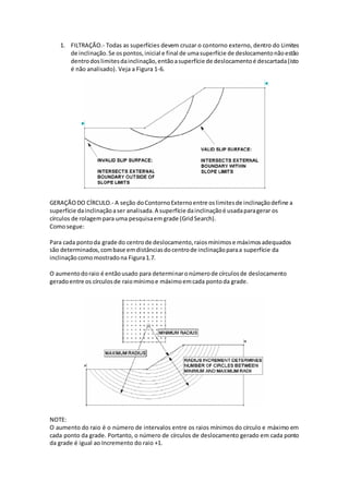 1. FILTRAÇÃO.- Todas as superfícies devem cruzar o contorno externo, dentro do Limites
de inclinação.Se ospontos,inicial e final de umasuperfície de deslocamentonãoestão
dentrodoslimitesdainclinação,entãoasuperfície de deslocamentoé descartada(isto
é não analisado). Veja a Figura 1-6.
GERAÇÃODO CÍRCULO.- A seção doContornoExternoentre oslimitesde inclinaçãodefine a
superfície dainclinaçãoaser analisada.A superfície dainclinaçãoé usadaparagerar os
círculos de rolagempara uma pesquisaemgrade (GridSearch).
Comosegue:
Para cada pontoda grade do centrode deslocamento,raiosmínimose máximosadequados
são determinados,combase emdistânciasdocentrode inclinaçãoparaa superfície da
inclinação comomostradona Figura1.7.
O aumentodoraio é entãousado para determinaronúmerode círculosde deslocamento
geradoentre os círculosde raiomínimoe máximoemcada pontoda grade.
NOTE:
O aumento do raio é o número de intervalos entre os raios mínimos do círculo e máximo em
cada ponto da grade. Portanto, o número de círculos de deslocamento gerado em cada ponto
da grade é igual ao Incremento do raio +1.
 