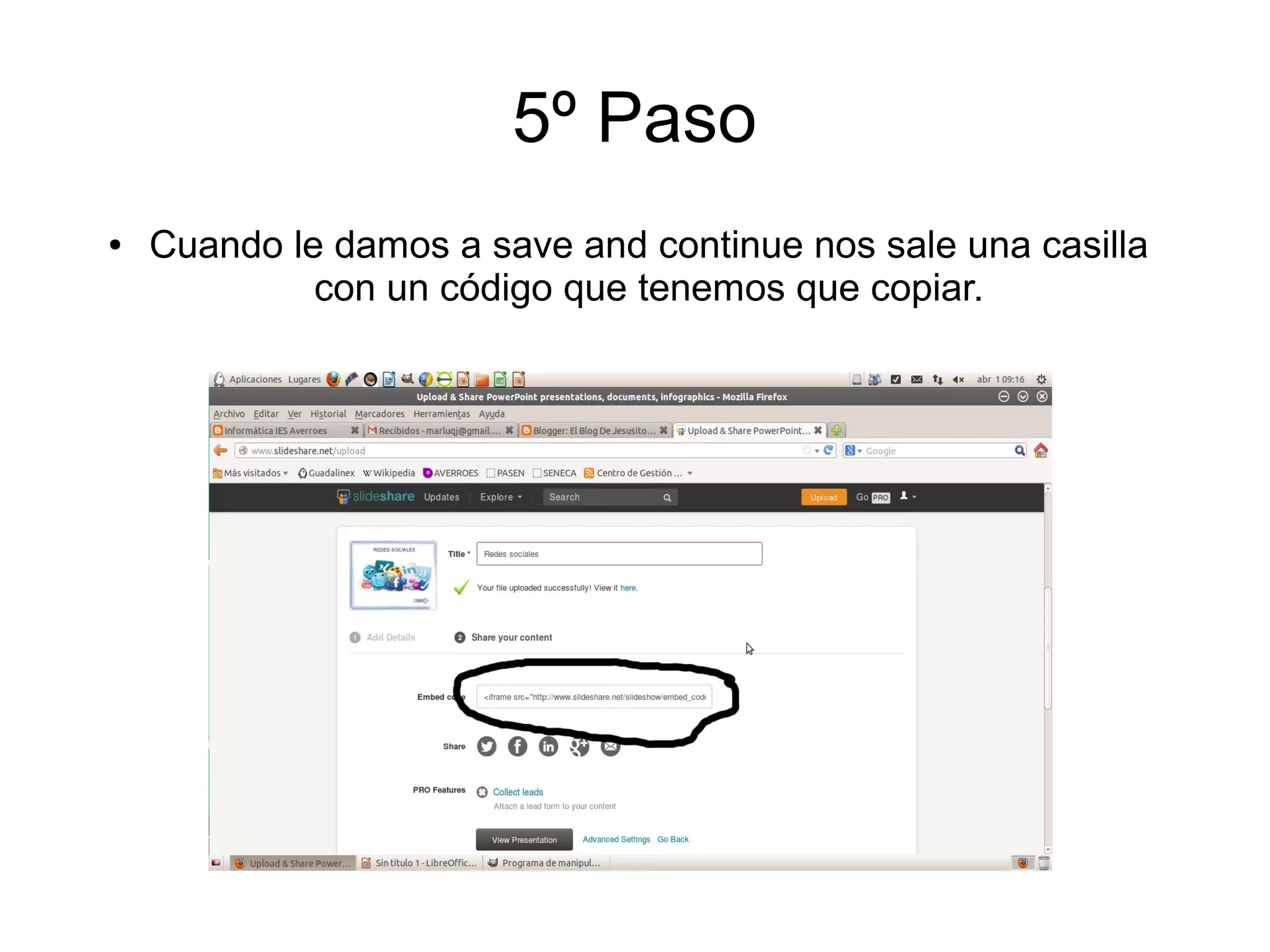 5º Paso
● Cuando le damos a save and continue nos sale una casilla
con un código que tenemos que copiar.
 