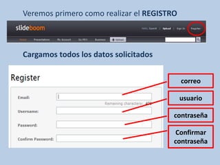 Veremos primero como realizar el REGISTRO



Cargamos todos los datos solicitados


                                            correo

                                            usuario

                                        contraseña

                                        Confirmar
                                        contraseña
 