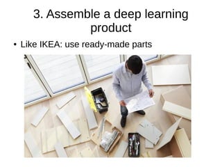 1. Elaborate an idea
● best idea: from your own problems
● In my case (facial recognition): ringing doorbell= noise pollution
● Focus on customer pain
● Don't think too much: idea is only a starting point
● No idea → clone other startups (see Angellist, Crunchbase...)
● See my list of 19 ideas:
https://docs.google.com/presentation/d/1Z-CPIGbSSTOm_EaqS5ks1V
...any questions?
 