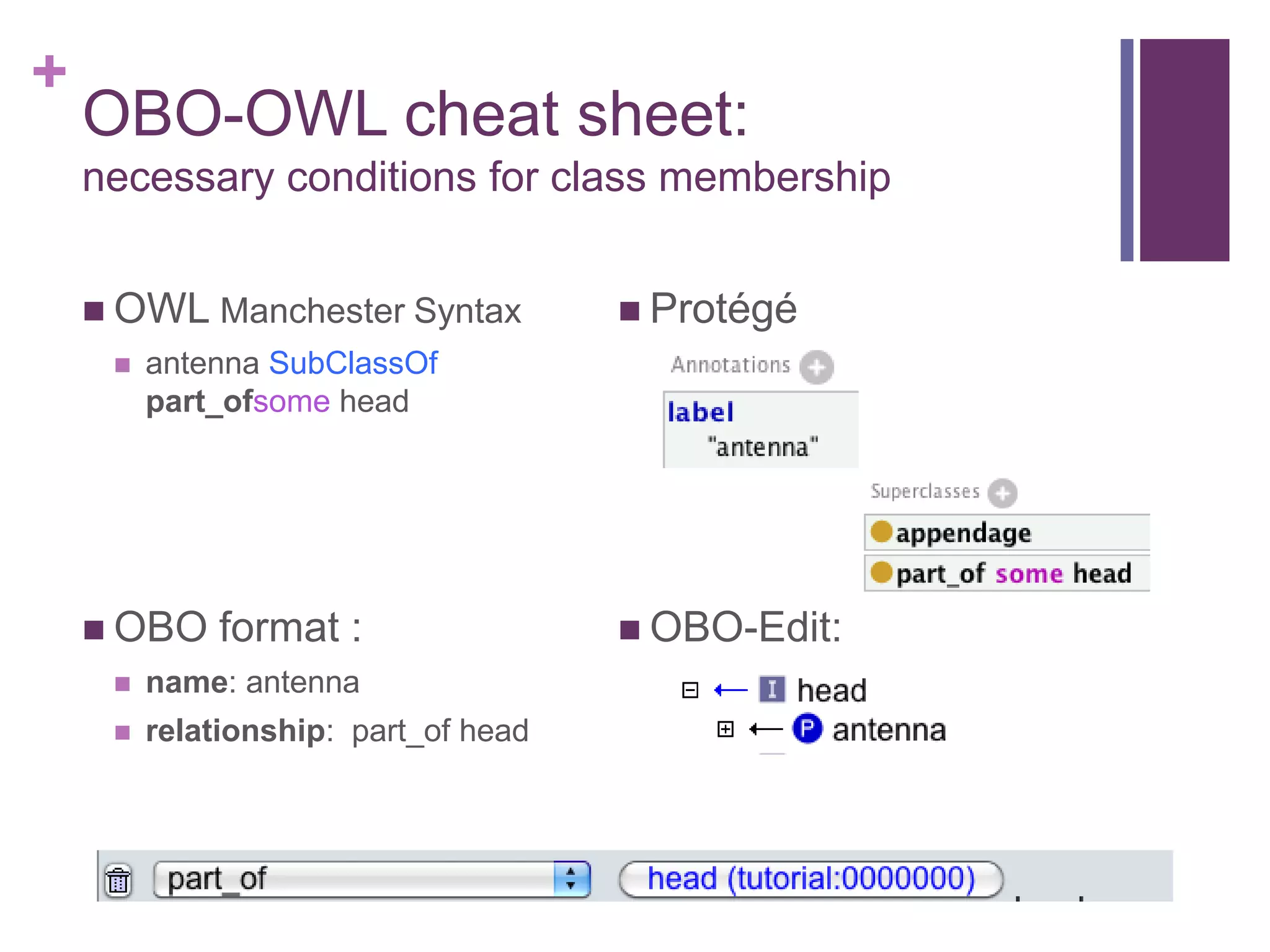 +
    OBO-OWL cheat sheet:
    necessary conditions for class membership


     OWL Manchester Syntax            Protégé
        antenna SubClassOf
         part_ofsome head




     OBO    format :                  OBO-Edit:
        name: antenna
        relationship: part_of head
 