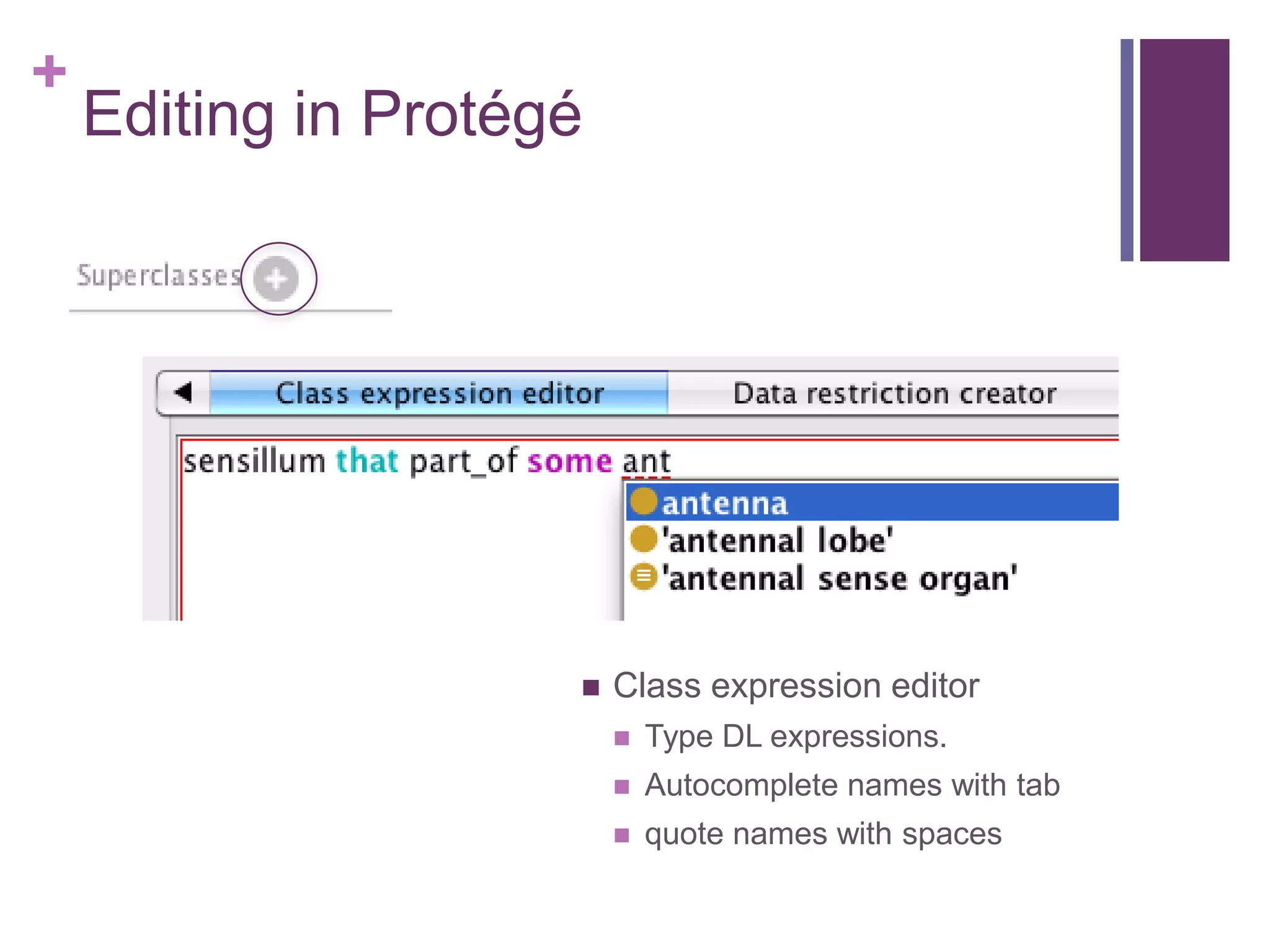 +
    Editing in Protégé




                        Class expression editor
                            Type DL expressions.
                            Autocomplete names with tab
                            quote names with spaces
 