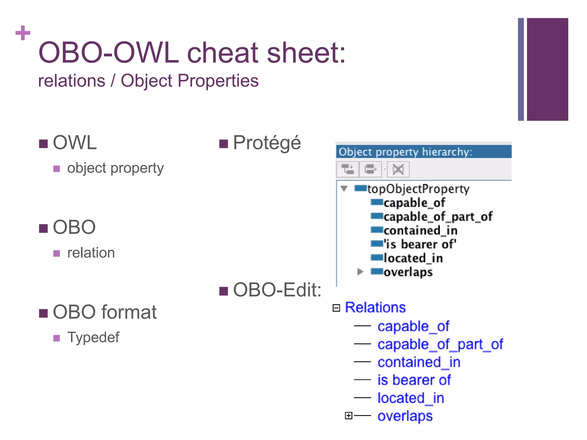 +
    OBO-OWL cheat sheet:
    relations / Object Properties


     OWL                   Protégé
        object property



     OBO
        relation

                            OBO-Edit:
     OBO     format
        Typedef
 