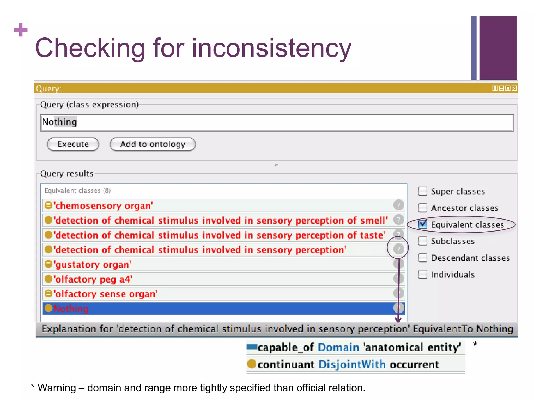 +
    Checking for inconsistency




                                                                                  *


    * Warning – domain and range more tightly specified than official relation.
 