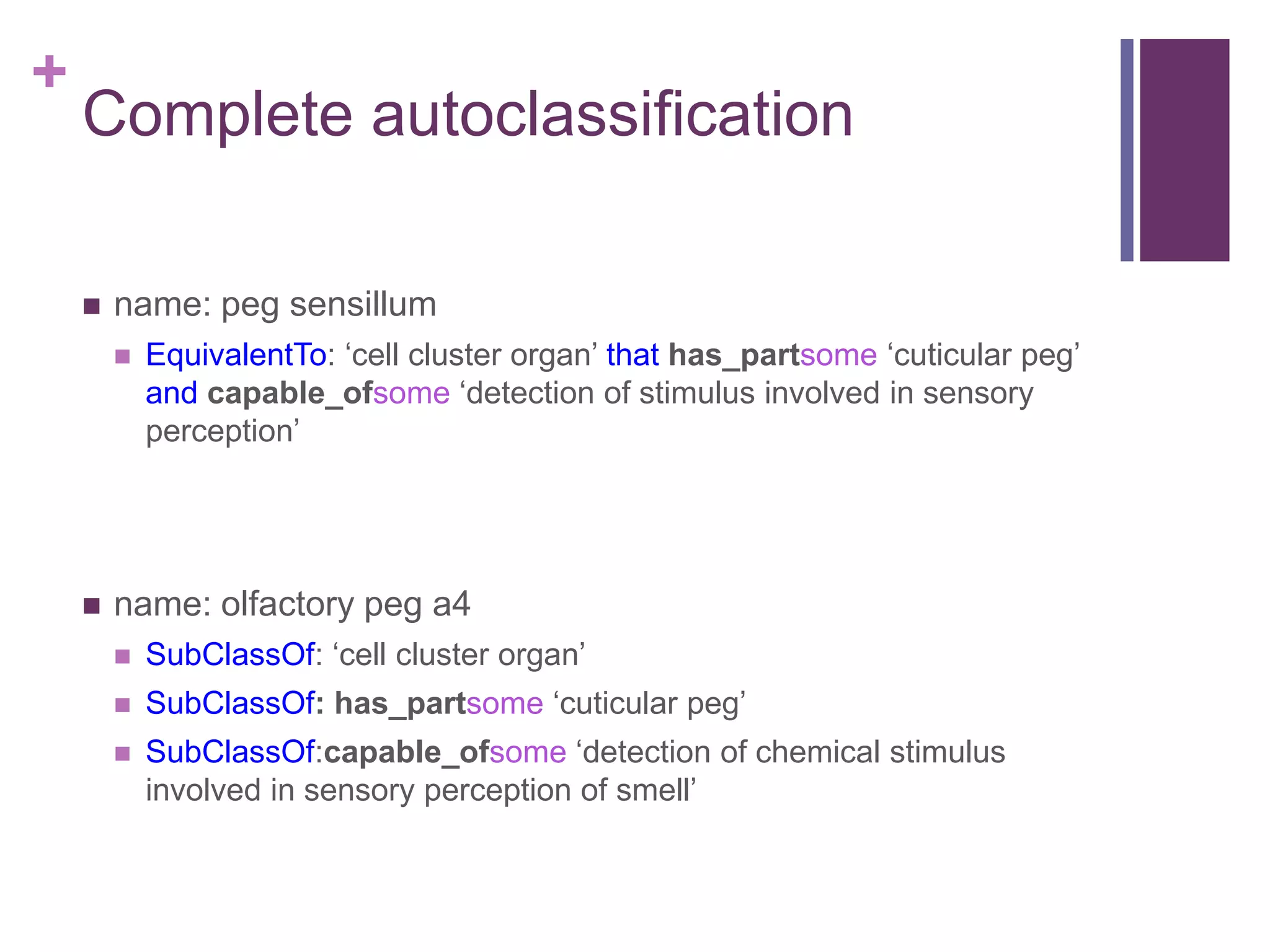 +
    Complete autoclassification

       name: peg sensillum
           EquivalentTo: „cell cluster organ‟ that has_partsome „cuticular peg‟
            and capable_ofsome „detection of stimulus involved in sensory
            perception‟




       name: olfactory peg a4
           SubClassOf: „cell cluster organ‟
           SubClassOf: has_partsome „cuticular peg‟
           SubClassOf:capable_ofsome „detection of chemical stimulus
            involved in sensory perception of smell‟
 