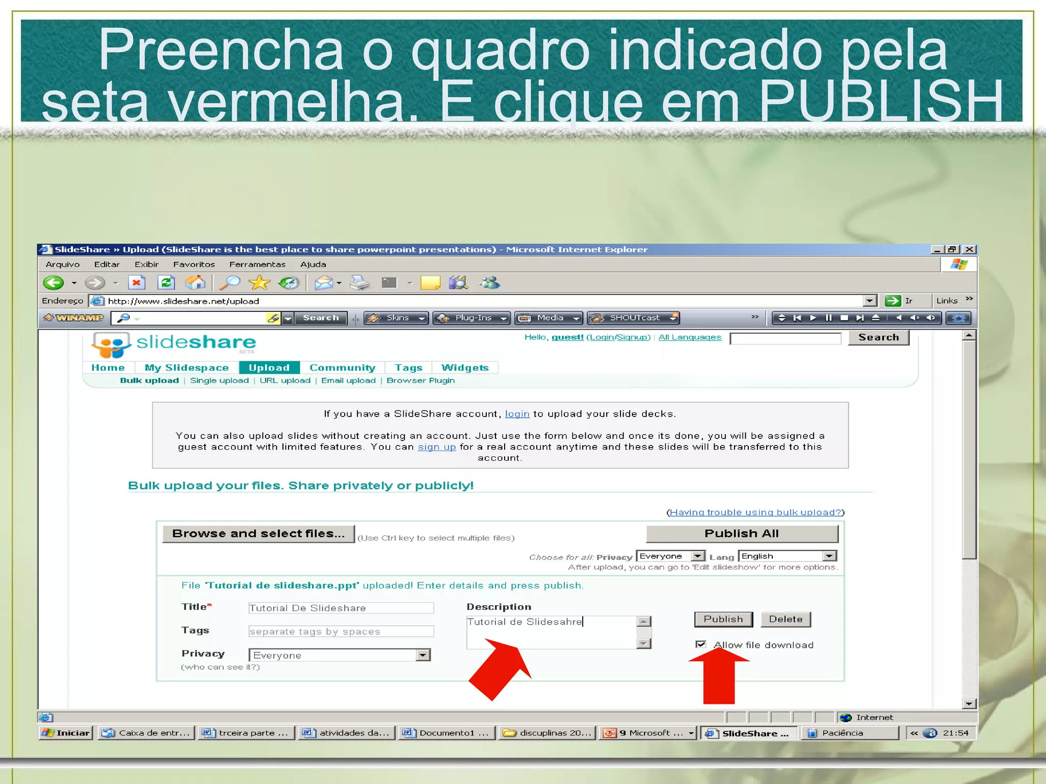Preencha o quadro indicado pela seta vermelha. E clique em PUBLISH