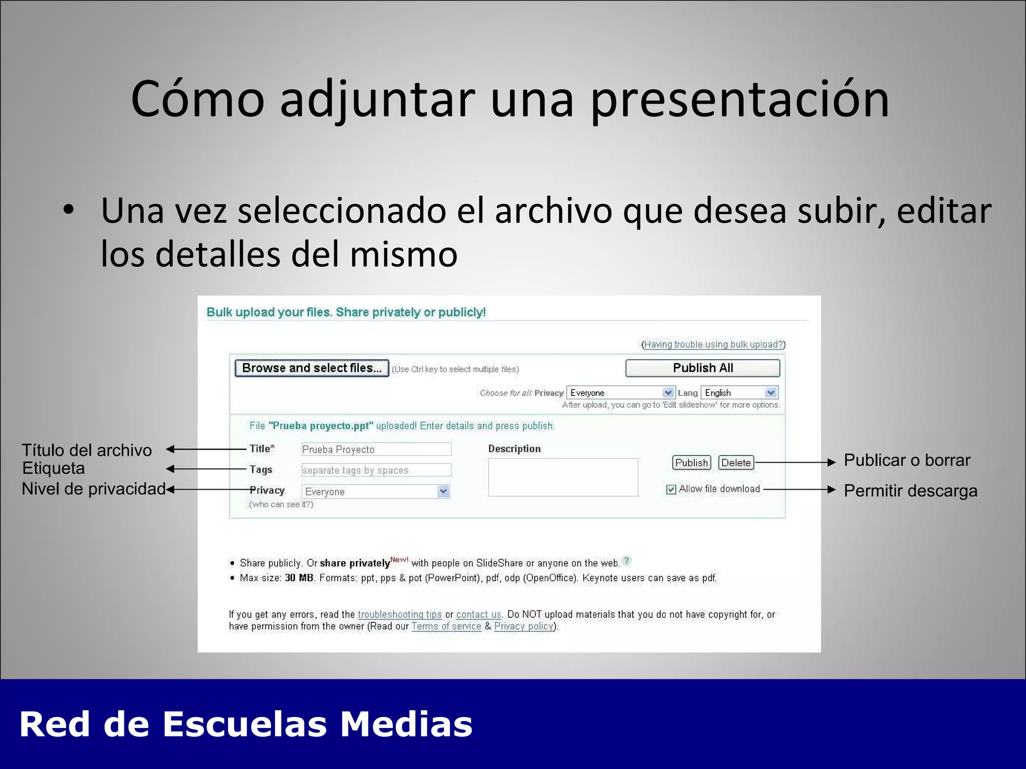 Cómo adjuntar una presentación Una vez seleccionado el archivo que desea subir, editar los detalles del mismo Título del archivo Etiqueta Nivel de privacidad Permitir descarga Publicar o borrar 