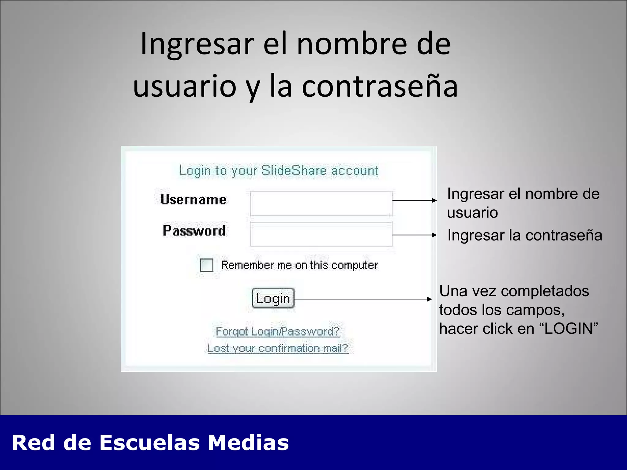 Ingresar el nombre de usuario y la contraseña Ingresar el nombre de  usuario Ingresar la contraseña Una vez completados todos los campos, hacer click en “LOGIN” 