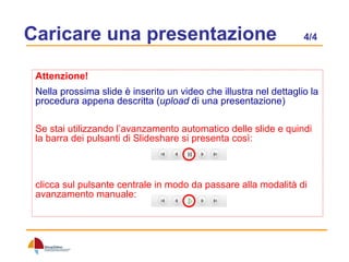 Caricare una presentazione  4/4 Attenzione!   Nella prossima slide è inserito un video che illustra nel dettaglio la procedura appena descritta ( upload  di una presentazione) Se stai utilizzando l’avanzamento automatico delle slide e quindi la barra dei pulsanti di Slideshare si presenta così: clicca sul pulsante centrale in modo da passare alla modalità di avanzamento manuale: 